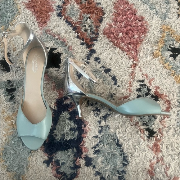 Seychelles Hazel Light Blue Silver Peep Toe Ankle Strap Retro Pin Up Heels 8 - Picture 2 of 5